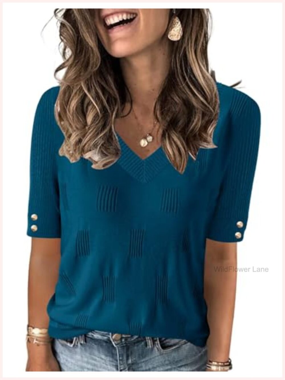 V Neck Short Sleeve Lightweight Knit Sweater with Decorative Buttons